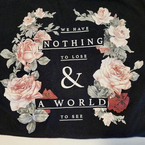 Black Floral Print T-shirt with Quote, sz XS-S